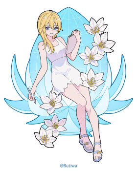 1girl bare_arms bare_shoulders blonde_hair blue_eyes blue_sandals breasts closed_mouth dress flower full_body hair_between_eyes hair_over_shoulder highres holding holding_pen holding_sketchbook kingdom_hearts kingdom_hearts_ii long_hair looking_at_viewer medium_breasts namine pen rutiwa sandals short_dress sketchbook sleeveless sleeveless_dress smile solo twitter_username white_background white_dress white_flower
