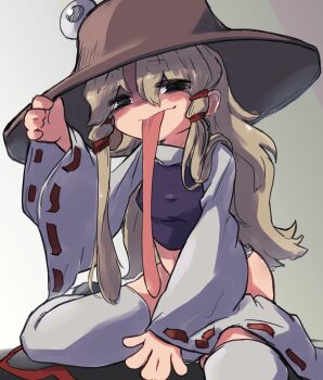 1girl black_shoes blonde_hair blush brown_hat hair_ribbon hat highres long_hair long_sleeves long_tongue looking_at_viewer moriya_suwako purple_vest red_ribbon ribbon ribbon-trimmed_sleeves ribbon_trim shirt shoes sidelocks solo thighhighs tongue touhou tress_ribbon uisu_(noguchipint) vest white_shirt white_thighhighs wide_sleeves