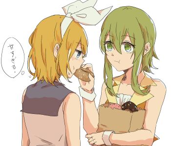 2girls :t bag bare_shoulders black_sailor_collar blonde_hair blue_eyes blush bracelet commentary_request donut eating feeding food green_eyes green_hair green_vest gumi hand_up holding holding_bag holding_food jewelry kagamine_rin medium_hair multiple_girls paper_bag sailor_collar shirt short_hair short_sleeves simple_background speech_bubble thought_bubble translation_request vest vocaloid white_background white_shirt wounds404