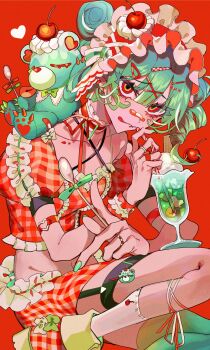 1girl :q bandaid bandaid_on_face bandaid_on_nose blue_hair bow bowtie cherry cherry_hair_ornament choker closed_mouth collarbone crop_top cropped_shirt cup drink drinking_glass drinking_straw face_piercing food food-themed_hair_ornament frilled_choker frilled_hairband frilled_shirt frilled_skirt frilled_wristband frills fruit gradient_hair green_bow green_bowtie green_eyes green_hair green_nails green_thighhighs hair_between_eyes hair_ornament hairband hairclip heart highres holding holding_drinking_straw holding_spoon ice_cream ice_cream_float jewelry kuroume_(aihikarikuroume24) lip_piercing lolita_hairband looking_at_viewer melon_soda multicolored_eyes multicolored_hair nail_polish navel original piercing plaid_clothes plaid_shirt plaid_skirt puffy_short_sleeves puffy_sleeves red_background red_eyes red_hairband red_ribbon red_shirt red_shoes red_skirt ribbon ring shirt shoes short_hair short_sleeves simple_background single_thighhigh skirt socks solo spoon stuffed_animal stuffed_toy teddy_bear thighhighs tongue tongue_out white_bow white_socks wristband