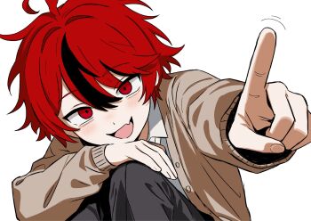 1boy :d ahoge alternate_universe black_pants black_streaks brown_jacket close-up commentary english_commentary fang highres jacket looking_at_viewer male_focus multicolored_hair open_mouth pants red_eyes red_hair shirt short_hair simple_background skin_fang smile solo spoilers squatting streaked_hair sumino_takumi the_hundred_line_-last_defense_academy- tripledoki wagging_finger white_background white_shirt