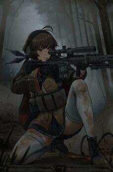 Rule 34 | 1girl, aiming, antenna hair, battle rifle, brown hair, commentary, commission, dgkamikaze, dirty, dirty clothes, english commentary, girls' frontline, gun, highres, holding, holding gun, holding weapon, kneeling, m14, m14 (decisive reinforcement) (girls' frontline), m14 (girls' frontline), mk 14 ebr, rifle, solo, weapon