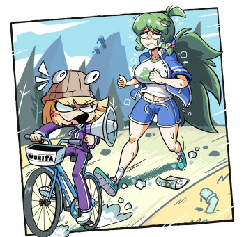 2girls alternate_costume alternate_hair_length alternate_hairstyle antenna_hair beanie bicycle blonde_hair blue_eyes border breasts chibi closed_mouth commentary day english_commentary english_text exercising flyer flying_sweatdrops frog frog_hair_ornament full_body green_hair hair_ornament hat highres holding holding_megaphone jacket kevin_arthur kochiya_sanae large_breasts long_hair long_sleeves looking_at_another looking_up medium_hair megaphone midriff_peek moriya_suwako mountainous_horizon multiple_girls navel open_clothes open_jacket open_mouth outdoors outside_border pants partially_shaded_face raised_inner_eyebrows riding riding_bicycle running shirt shoes shorts snake snake_hair_ornament socks stomach sweat touhou track_jacket track_pants track_suit unzipped v-shaped_eyebrows very_long_hair wavy_mouth zipper zipper_pull_tab