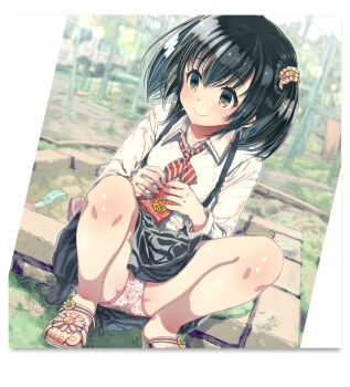 1girl black_hair blush highres loli original outdoors ozzzzy panties playground sand sandals sandbox school_uniform scrunchie shirt short_twintails skirt solo spread_legs squatting swing_set toes twintails underwear white_shirt