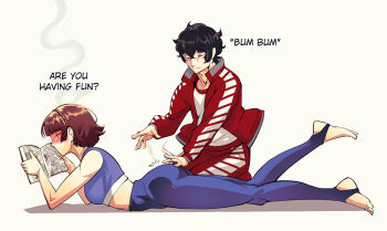 1boy 1girl amamiya_ren ass black_hair blush breasts brown_hair chiaroscuro4eva commentary english_commentary english_text gym_uniform hand_on_another's_ass highres lying manga_(object) midriff niijima_makoto on_stomach pants persona persona_5 reading sports_bra yoga_pants