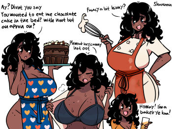 1girl apron black_hair bra cake dark-skinned_female dark_skin english_text food freckles murgoten underwear