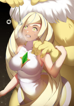 1girl blonde_hair breasts breath clenched_teeth commentary_request dress eyelashes furry furry_male furry_with_non-furry gen_1_pokemon green_eyes hadant hand_up holding holding_string hypno hypnosis interspecies long_hair looking_up lusamine_(pokemon) mind_control motion_blur multicolored_hair nintendo pendulum pokemon pokemon_(creature) pokemon_sm pokephilia sleeveless sleeveless_dress streaked_hair string sweatdrop teeth veins white_dress