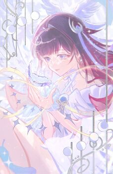 1girl absurdres arm_ribbon bare_shoulders black_hair bow bright_pupils columbina_(genshin_impact) commentary_request crescent crescent_hair_ornament diamond_(shape) dress earrings eye_mask eyes_visible_through_eyewear feathers genshin_impact hair_ornament highres jewelry looking_at_object mask moon muimi575 multicolored_hair pink_hair ribbon see-through_clothes see-through_mask solo two-tone_hair white_bow white_dress white_pupils white_ribbon wing_hair_ornament