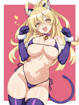 1girl :d animal_ears bell bikini blonde_hair blush boots breasts cat_ears cat_girl cat_tail elbow_gloves fang gloves groin hair_between_eyes hands_up happy heart highleg highleg_bikini highres hip_focus kami_jigen_game_neptune_v large_breasts long_hair navel neck_bell neptune_(series) open_mouth power_symbol purple_bikini purple_gloves side-tie_bikini_bottom skindentation smile solo stomach swimsuit symbol-shaped_pupils tail thigh_boots thighhighs thighs very_long_hair w_arms yellow_eyes yellow_heart_(neptunia) zatsu
