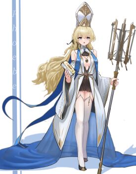 1girl absurdres alternate_costume bare_shoulders black_dress blonde_hair blue_eyes book breasts center_opening cyk_(cyk451) detached_sleeves dress full_body hat highres holding holding_book holding_staff jewelry long_hair medium_breasts necklace open_clothes open_mouth open_robe phoebe_(wuthering_waves) robe solo staff standing tacet_mark_(wuthering_waves) thighhighs thighs very_long_hair white_hat white_robe white_thighhighs wuthering_waves