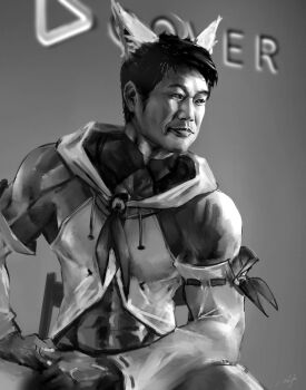 Rule 34 | 1boy, abs, animal ears, chair, closed mouth, cosplay, detached sleeves, gigachad (meme), greyscale, highres, hololive, holostars, hyde (tabakko), logo, male focus, meme, monochrome, muscular, muscular male, neckerchief, pectorals, photo-referenced, shirakami fubuki, shirakami fubuki (1st costume), shirakami fubuki (cosplay), short hair, yagoo