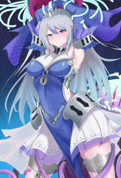 1girl absurdres armpits arms_up blue_dress blue_hair blush breasts character_request closed_mouth commentary_request cowboy_shot detached_sleeves dress duel_monster embarrassed fins grey_hair head_fins highres large_breasts lock long_hair mermaid monster_girl nien2 padlock paleozoic_dinomischus pink_eyes purple_eyes restrained solo solo_focus sweat tearlaments_scheiren teeth tentacles tiara very_long_hair yu-gi-oh!