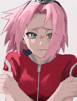 biting_own_lip crying crying_with_eyes_open dress green_eyes haruno_sakura highres holding_own_arm konohagakure_symbol looking_at_viewer naruto_(classic) naruto_(series) pink_hair red_dress short_hair short_sleeves streaming_tears tears upper_body utxtu_oo1013 white_background zipper_pull_tab