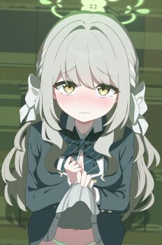 Rule 34 | 1girl, blue archive, blush, bow, bowtie, braid, clothes lift, commentary request, green halo, green panties, hair bow, halo, highres, jacket, long hair, long sleeves, looking at viewer, miyo (blue archive), navel, panties, shirt, skirt, skirt lift, sofuran snipe, solo, tearing up, underwear, white bow, white shirt, yellow eyes