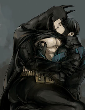 2boys ass bara bare_pectorals batman batman_(series) belt black_bodysuit black_cape black_hair bodysuit bruce_wayne cape closed_eyes clothes_lift dc_comics dick_grayson father_and_son fuji_biotope6 incest kiss large_pectorals male_focus mask multiple_boys muscular muscular_male nightwing nipple_stimulation nipple_tweak nipples on_person pectorals short_hair sitting sitting_on_person yaoi