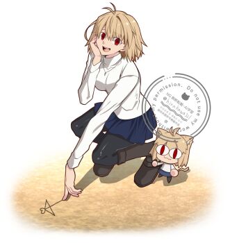 Rule 34 | 2girls, antenna hair, arcueid brunestud, black pantyhose, blonde hair, blue skirt, breasts, full body, highres, hirakawa, jewelry, large breasts, miniskirt, multiple girls, neco-arc, neco spirit, pantyhose, pendant, red eyes, short hair, simple background, skirt, squatting, sweater, tsukihime, tsukihime (remake), white background, white sweater