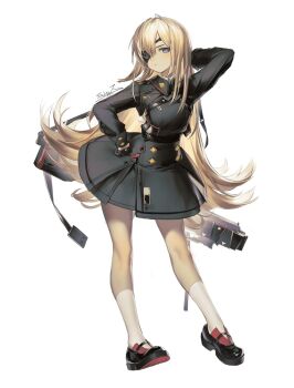1girl arm_behind_head arm_up belt black_dress black_gloves blonde_hair blue_eyes chinese_commentary commentary_request dress eyepatch full_body gloves goddess_of_victory:_nikke guillotine_(nikke) gun half_gloves hand_on_own_hip highres long_hair long_sleeves looking_at_viewer machine_gun mary_janes military_uniform shoes signature simple_background socks solita_ts solo strap very_long_hair weapon white_background wing_collar