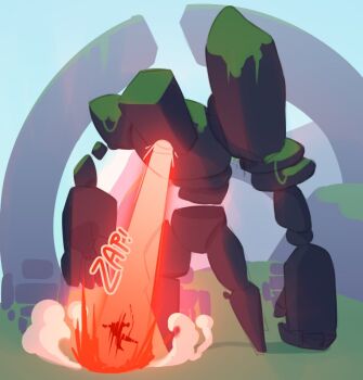 Rule 34 | 1girl, defeat, gameplay mechanics, giant, golem, grass, huffslove, huntress (risk of rain), laser, moss, outdoors, risk of rain (series), risk of rain 2, silhouette, stone titan (risk of rain)