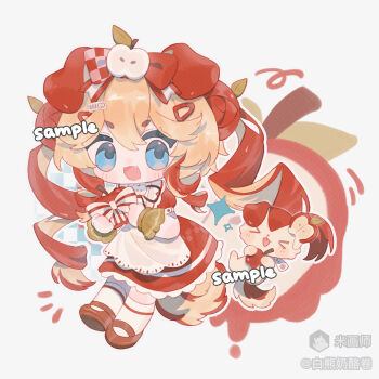 1girl :3 :d animal_ears apple bai_xiong_nailaojuan black_ribbon blonde_hair blue_eyes blush_stickers bow brown_shoes chibi chibi_only dog dog_ears dog_girl dog_tail double-parted_bangs dress fang food food-themed_hair frilled_dress frills fruit full_body hair_between_eyes hair_bow highres holding holding_food holding_fruit kneehighs long_hair looking_at_viewer mihuashi_username multicolored_hair neck_ribbon open_mouth original red_bow red_dress red_hair ribbon sample_watermark shoes short_sleeves smile socks solo standing tail thick_eyebrows twintails two-tone_hair watermark white_socks wrist_cuffs