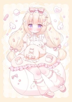 1girl :t blonde_hair blush bow closed_mouth commentary_request dress frilled_dress frilled_sleeves frills full_body hair_bow hair_ornament hanasakichu hand_up heart heart_hair_ornament highres long_hair long_sleeves looking_at_viewer loose_socks original pink_bow pink_shoes purple_eyes shoes sitting sleeve_bow sleeves_past_fingers sleeves_past_wrists socks solo white_background white_socks x_hair_ornament yellow_dress