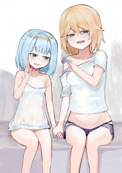 2girls averting_eyes blonde_hair blue_eyes blue_hair blue_shorts breasts censored fake_censor heart_hands_failure highres holding_hands holding_hands_is_lewd jelly_hoshiumi kaneko_lumi looking_at_viewer medium_breasts multiple_girls off-shoulder_shirt off_shoulder ok1teru open_mouth phase_connect shirt short_hair short_sleeves shorts sitting small_breasts v white_shirt