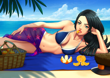 1girl absurdres arm_support basket beach beach_towel bikini birthmark black_hair black_hat blue_bikini blue_nails blue_sky breasts cleavage cloud collarbone commentary day food food_in_mouth fruit green_eyes hat head_rest highres joestar_birthmark jojo_no_kimyou_na_bouken jojolion legendarysoulii long_hair looking_at_viewer lying makeup mandarin_orange medium_breasts mouth_hold nail_polish navel nijimura_kei ocean on_side orange_(fruit) orange_slice outdoors peaked_cap red_lips romaji_commentary sarong sky solo star_(symbol) star_print swimsuit towel tree unworn_hat unworn_headwear water