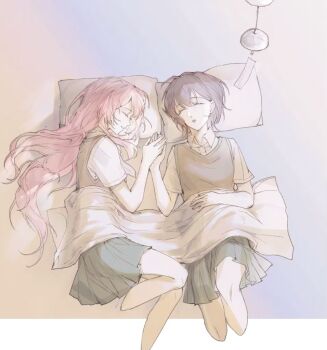 Rule 34 | 2girls, artist request, bang dream!, bang dream! it's mygo!!!!!, chihaya anon, closed eyes, collared shirt, commentary request, commission, green skirt, grey hair, grey sweater vest, haneoka school uniform, holding hands, long hair, multiple girls, parted lips, pillow, pink hair, pleated skirt, school uniform, second-party source, shirt, short hair, skirt, sleeping, sweater vest, takamatsu tomori, white shirt, yuri