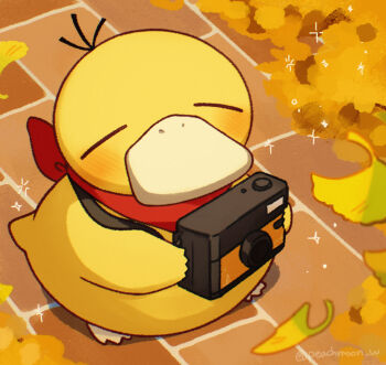amesuupu artist_name autumn_leaves bandana camera closed_eyes commentary_request gen_1_pokemon holding leaf looking_up nintendo no_humans outdoors pokemon pokemon_(creature) psyduck shadow solo standing twitter_username