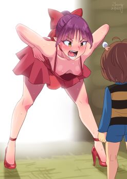 1boy 1girl 2018 allurmilk angry bare_legs bare_shoulders bent_over blush bow breasts breasts_apart collarbone dated downblouse dress extended_downblouse fang full_body gegege_no_kitarou hair_bow hands_on_own_hips hanging_breasts high_heels indoors kitarou leaning_forward medium_breasts nekomusume no_bra open_mouth pointy_ears purple_hair red_bow red_dress red_footwear shiny_skin shorts sleeveless sleeveless_dress standing sundress sweat teenage_girl_and_younger_boy yellow_eyes