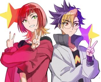 1girl black_shirt blonde_hair blue_hair blush brown_hair digimon digimon_beatbreak glasses green_eyes jacket looking_at_viewer medium_hair mole mole_under_mouth multicolored_hair open_clothes open_jacket open_mouth orange_hair red_eyes red_jacket risyo round_eyewear sakuya_reina shirt short_hair simple_background tenma_tomoro two-tone_hair upper_body v white_jacket