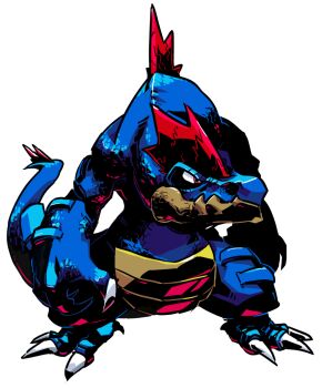 alligator claws creature crocodilian feraligatr gen_2_pokemon glaring monster nintendo no_humans pokemon pokemon_(creature) red_eyes sido_(slipknot) simple_background solo white_background