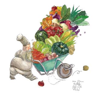 1boy apple cabbage carrot chef chef_hat commentary_request corn corn_cob eggplant facial_hair fat fat_man food fruit grapes hat highres lemon male_focus mustache onion orange_(fruit) original potato pumpkin simple_background solo tomato vegetable watermelon wheelbarrow white_background yasaioji3