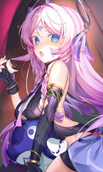 Rule 34 | 1girl, asymmetrical gloves, black gloves, black nails, blue eyes, braid, breasts, citlali (genshin impact), commentary request, elbow gloves, facial mark, fingerless gloves, genshin impact, gloves, long hair, mizurapi, open mouth, pink hair, pink pupils, ribbed gloves, single elbow glove, teeth, upper teeth only