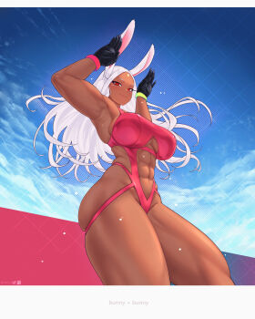 1girl abs alternate_costume animal_ears armpits arms_up boku_no_hero_academia breasts cleavage clothing_cutout commentary curvy dark-skinned_female dark_skin day english_commentary from_below gabriel_carrasquillo gloves highleg highleg_leotard highres large_breasts leotard long_hair looking_at_viewer mirko muscular muscular_female outdoors pink_leotard rabbit_ears rabbit_girl red_eyes skindentation solo standing stomach_cutout thick_thighs thighs very_long_hair