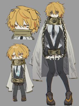 Rule 34 | 1girl, animal ears, black necktie, black skirt, black thighhighs, blonde hair, breasts, brown shoes, cape, chain, collar, commentary, cuffs, cuffs-to-collar, dog ears, don quixote (project moon), empurpiee, floppy ears, full body, highres, index (identity) (project moon), kemonomimi mode, limbus company, long sleeves, metal collar, multiple views, necktie, project moon, shaded face, shoes, skirt, thighhighs, white cape, yellow eyes