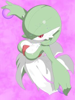 Rule 34 | 1girl, arms up, bob cut, breasts, colored skin, energy ball, female focus, from above, gardevoir, gen 3 pokemon, green hair, green skin, hair over one eye, large breasts, looking afar, multicolored skin, nintendo, no feet, one eye covered, outstretched arms, pink background, pokemon, pokemon (creature), red eyes, short hair, simple background, solo, standing, sunny day (pixiv 1052309), two-tone skin, white skin