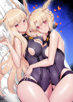 2girls bare_shoulders black_gloves black_one-piece_swimsuit blonde_hair blush breasts cleavage covered_navel fate/grand_order fate_(series) gloves head_wings highres large_breasts long_hair looking_at_viewer multiple_girls one-piece_swimsuit red_eyes rindr_(fate) smile swimsuit thighs thrud_(fate) thrud_(swimsuit_assassin)_(fate) unadon valkyrie_(fate) wings