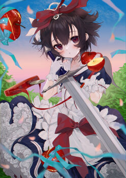 Rule 34 | 1girl, apple, apple caliber (grimms notes), bad id, bad pixiv id, black hair, food, fruit, gloves, gotoh (nekocat), grimms notes, hair ribbon, holding, holding sword, holding weapon, looking at viewer, puffy short sleeves, puffy sleeves, red ribbon, ribbon, short sleeves, snow white (grimms notes), solo, spiked hair, sword, weapon, white gloves