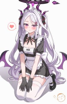 1girl absurdres ahoge apron black_halo blue_archive blush breasts demon_girl demon_horns demon_wings doodle_sensei_(blue_archive) halo highres hina_(blue_archive) horns ko-no long_hair looking_at_viewer low_wings maid maid_apron maid_headdress sensei_(blue_archive) simple_background sitting small_breasts solo thighhighs very_long_hair white_background white_hair white_thighhighs wings