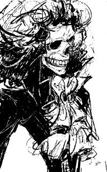 Rule 34 | 1302162474wmj, 1boy, ascot, brook (one piece), commentary, curly hair, greyscale, highres, long sleeves, male focus, monochrome, one piece, popped collar, simple background, skeleton, sketch, solo, symbol-only commentary, teeth, upper body, white background