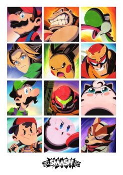 1girl animal armor black_hair blonde_hair blue_eyes blush_stickers captain_falcon donkey_kong donkey_kong_(series) f-zero facial_hair fox_mccloud gen_1_pokemon hat helmet highres jigglypuff kirby kirby_(series) link luigi mario mario_(series) metroid monkey mother_(series) mother_2 mustache ness_(mother_2) nintendo nuri_durr pikachu pointy_ears pokemon pokemon_(creature) power_armor power_suit_(metroid) samus_aran short_hair smile star_fox super_smash_bros. the_legend_of_zelda the_legend_of_zelda:_ocarina_of_time varia_suit yoshi