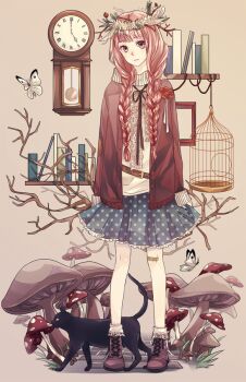 1girl belt birdcage black_cat book bookshelf braid branch brown_footwear bug butterfly cage cat clock empty_picture_frame flower head_wreath insect jacket light_smile long_hair long_sleeves mushroom nail_polish original pendulum_clock picture_frame pink_eyes pink_hair polka_dot polka_dot_skirt shelf skirt socks solo twin_braids twitchhhhh white_butterfly white_socks