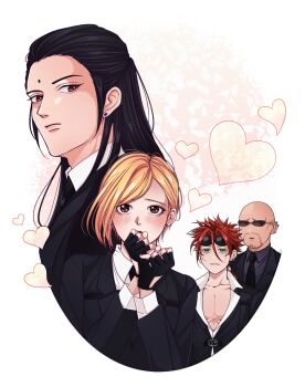 1girl 3boys asymmetrical_bangs bald bindi black_gloves black_hair black_jacket black_shirt blonde_hair blush brown_eyes covering_own_mouth earrings elena_(ff7) facial_hair facial_mark final_fantasy final_fantasy_vii final_fantasy_vii_remake fingerless_gloves gloves goatee goggles goggles_on_head green_eyes hair_pulled_back heart highres jacket jewelry long_hair looking_at_another multiple_boys multiple_earrings necktie open_clothes open_shirt parted_bangs pectorals red_hair reno_(ff7) rude_(ff7) shirt short_hair sideburns single_earring spiked_hair square_enix sunglasses tseng turks_(ff7) upper_body white_shirt y_skk