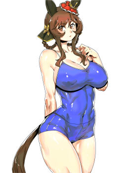 Rule 34 | 1girl, absurdres, animal ears, bare shoulders, blue one-piece swimsuit, braid, braided hair rings, breasts, brown eyes, brown hair, cleavage, commentary, competition school swimsuit, covered navel, gentildonna (umamusume), hair rings, highres, horse ears, horse girl, horse tail, large breasts, long hair, looking at viewer, minew, one-piece swimsuit, school swimsuit, sidelocks, solo, swimsuit, tail, umamusume