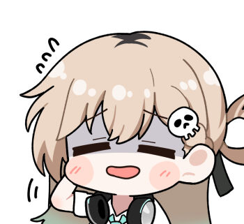 1girl blonde_hair closed_eyes commentary facing_viewer flying_sweatdrops hair_ornament hand_up headphones headphones_around_neck long_hair lynae_(wuthering_waves) open_mouth portrait shaded_face simple_background skull_hair_ornament solo sticker_(medium) twomoon white_background wuthering_waves