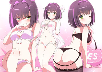 1girl :d :o ass babydoll bed_sheet black_bra black_hair black_panties black_thighhighs blush bob_cut bow bow_bra bra breasts cleavage cleavage_cutout closed_mouth clothing_cutout commentary cowboy_shot double_bun eyelashes eyes_visible_through_hair feet_out_of_frame from_behind green_eyes grin groin hair_between_eyes hair_bow hair_bun hair_intakes half_updo heart_cutout highres knee_up komatsu_(sakanae) limelight_lemonade_jam looking_at_another looking_at_viewer medium_breasts medium_hair mole mole_under_eye multicolored_hair multiple_views nabari_anju naughty_face navel one_eye_closed open_mouth panties purple_hair simple_background sitting smile standing stomach streaked_hair thighhighs thighs two-tone_hair underwear underwear_only white_babydoll white_background white_bow white_bra white_panties yes yes-no_pillow