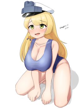 1girl absurdres blonde_hair blue_one-piece_swimsuit breasts collarbone commentary_request dated green_eyes hat highres kantai_collection kneeling large_breasts long_hair maru_(marg0613) no_eyewear northampton_(kancolle) one-hour_drawing_challenge one-piece_swimsuit peaked_cap school_swimsuit solo swimsuit twitter_username white_hat