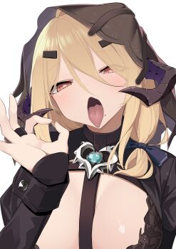 1girl absurdres andoris_(girls&#039;_frontline_2) andoris_(midnight_whisper)_(girls&#039;_frontline_2) blush breasts commentary_request demon_horns fellatio_gesture girls&#039;_frontline girls&#039;_frontline_2:_exilium highres horns looking_at_viewer mole mole_under_mouth official_alternate_costume open_mouth red_eyes simple_background solo tongue tongue_out white_background yanagui_yugi
