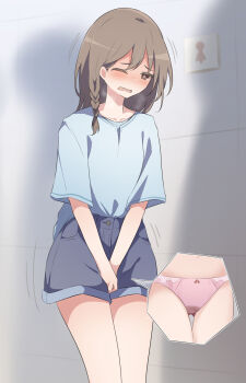 1girl asymmetrical_hair between_legs blue_shirt blue_shorts blush bow bow_panties braid breath bright_pupils brown_eyes brown_hair collarbone cowboy_shot female_focus flat_chest frilled_panties frills gluteal_fold grey_background half-closed_eye hand_between_legs have_to_pee highres indoors long_hair multiple_views nose_blush one_eye_closed open_mouth original own_hands_together panties peeing peeing_self pink_panties pocket queue raised_eyebrows shirt shirt_tucked_in short_shorts short_sleeves shorts silhouette single_braid standing sweat thighs trembling underwear v_arms watakarashi wet wet_clothes wet_panties white_pupils wince