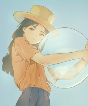 Rule 34 | 1girl, ball, beachball, black pants, blue background, brown eyes, brown hair, closed mouth, commentary, grayfox, hat, highres, holding, holding ball, holding beachball, orange shirt, original, pants, santa hat, shirt, short sleeves, simple background, solo, thick eyebrows, upper body